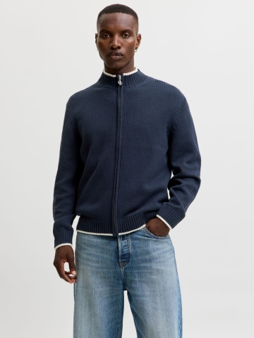 Jack & Jones Cardigan tricotat barbati cu guler inalt si detalii contraste, JORFREDERIKSBERG, Bleumarin inchis