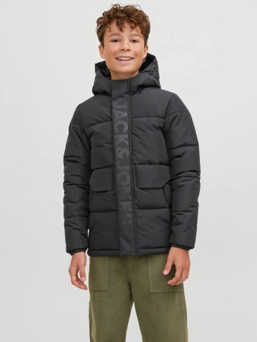 Jack & Jones Geaca PUFFER baieti, cu dubla inchidere, gluga si imprimeu cu logo, JCOSPEED, Negru