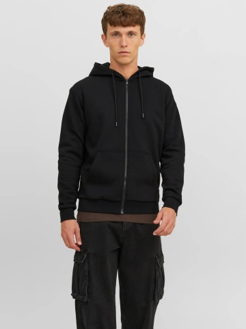 Jack & Jones Hanorac barbati, cu fermoar si gluga, Regular fit, JJEBRADLEY, Negru