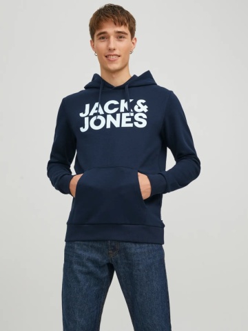 Jack & Jones Hanorac barbati fara fermoar, imprimeu cu logo, JJECORP, Bleumarin inchis