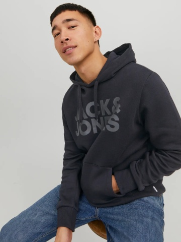 Jack & Jones Hanorac barbati fara fermoar, imprimeu cu logo, Negru - Img 3