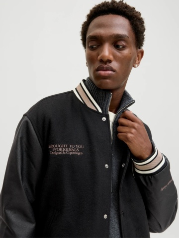Jack & Jones Jacheta barbati, MEADOWS COLLEGE BOMBER, cu buzunare oblice fara fermoar, inchidere cu capse, Negru - Img 3