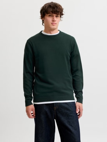 Jack & Jones Pulover barbati cu decolteu la baza gatului, din bumbac organic, JJEBASIC, Verde inchis