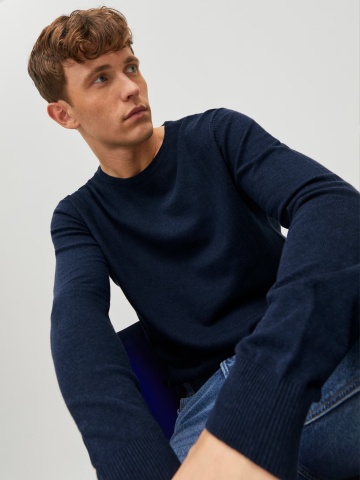 Jack & Jones Pulover tricotat barbati, cu decolteu la baza gatului, JJEEMIL, Bleumarin inchis - Img 4