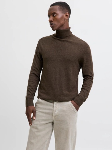 Jack & Jones Pulover tricotat barbati, cu guler inalt, Regular fit, JJEEMIL, Maro inchis