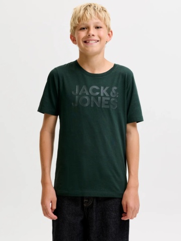 Jack & Jones Tricou baieti, din bumbac organic, Regular fit la baza gatului, JJECORP, Verde inchis