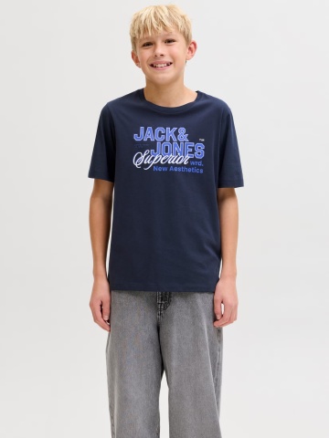 Jack & Jones Tricou baieti, Regular fit la baza gatului cu imprimeu text, Bleumarin inchis