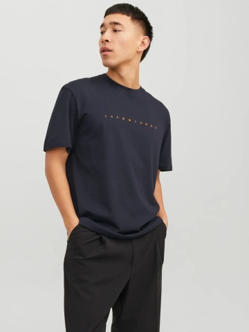 Jack & Jones Tricou barbati JJESTAR JJ TEE SS, cu textul Jack & Jones, Relaxed Fit, Bleumarin inchis