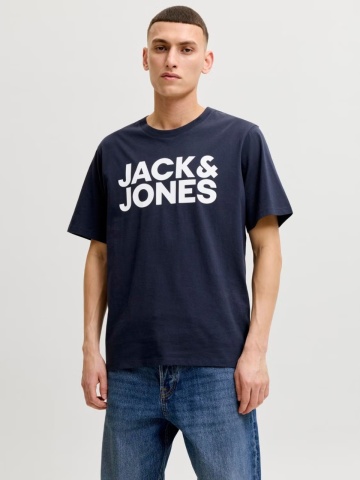 Jack & Jones Tricou simplu, barbati, din 100% bumbac, cu imprimeu cu logo, Bleumarin inchis - Img 3