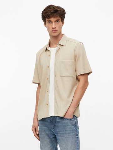 s.Oliver Camasa barbati din amestec de bumbac, piqué tip waffle, Relaxed fit, Bej - Img 5