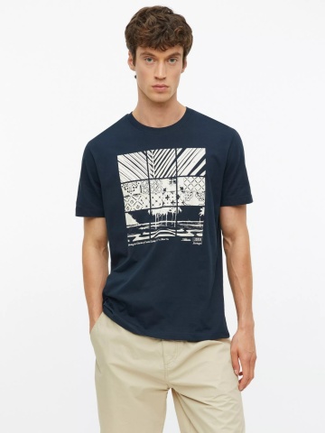 s.Oliver Tricou barbati, din bumbac, cu imprimeu frontal, Bleumarin inchis