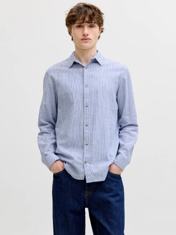Jack & Jones Camasa barbati, Regular fit, din amestec de in, cu imprimeu in dungi, Albastru
