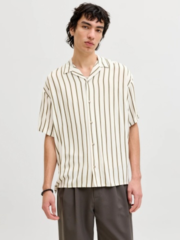 Jack & Jones Camasa cu maneca scurta barbati, Regular Fit, cu imprimeu in dungi, Bej