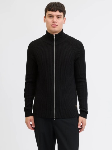 Jack & Jones Cardigan barbati cu fermoar si guler inalt, Regular fit, Negru