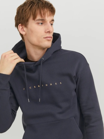 Jack & Jones Hanorac barbati, cu gluga fara fermoar, Relaxed Fit, JJESTAR, Bleumarin inchis - Img 4
