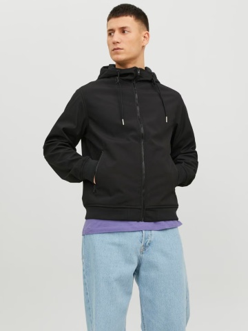 Jack & Jones Jacheta softshell, barbati, cu gluga, Regular fit, JJEBASIC, Negru