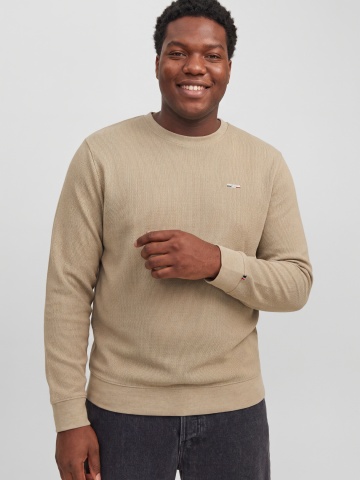 Jack & Jones Plus Pulover barbati din bumbac organic, decolteu la baza gatului, Regular Fit, JPRBLUALVES, Bej - Img 3