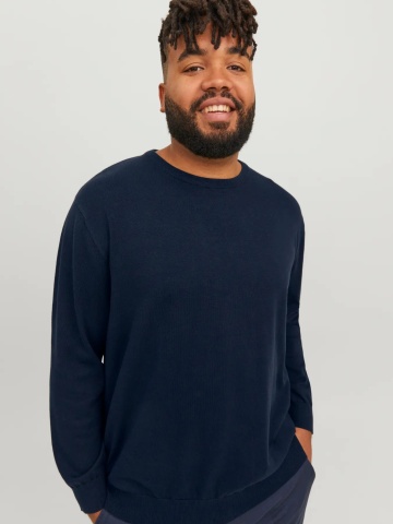 Jack & Jones Plus Pulover tricotat barbati big sizes, din bumbac organic, cu decolteu la baza gatului, Regular Fit, JJEBASIC, Bleumarin inchis - Img 5