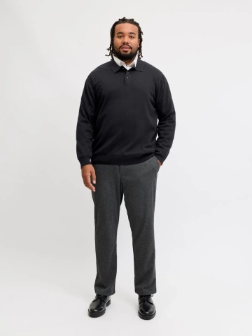 Jack & Jones Plus Pulover tricotat barbati big sizes, din bumbac organic, guler polo, JJEBASIC, Regular Fit, Negru - Img 6