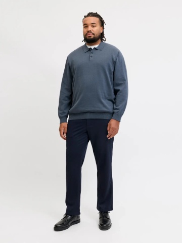 Jack & Jones Plus Pulover tricotat barbati big sizes, din bumbac organic, guler polo, JJEBASIC, Regular Fit, Gri albastrui - Img 6