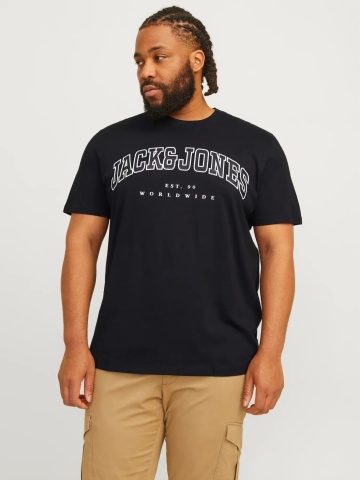 Jack & Jones Plus Tricou barbati big sizes, Relaxed Fit, imprimeu cu logo, Negru