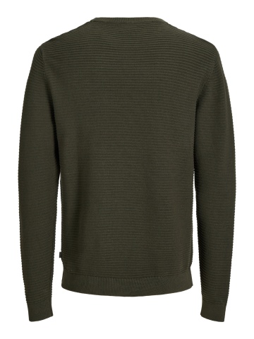 Jack & Jones Pulover barbati din bumbac organic, decolteu la baza gatului, Regular Fit, JJEBRODY, Verde inchis - Img 2