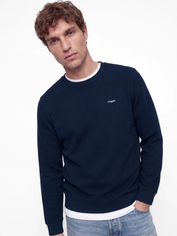 Jack & Jones Pulover barbati din bumbac organic, decolteu la baza gatului, Regular Fit, JPRBLUALVES, Bleumarin inchis - Img 3