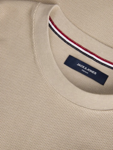 Jack & Jones Pulover barbati din bumbac organic, decolteu la baza gatului, Regular Fit, JPRBLUALVES, Bej - Img 3