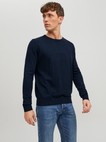 Jack & Jones Pulover tricotat barbati, cu decolteu la baza gatului, JJEEMIL, Bleumarin inchis