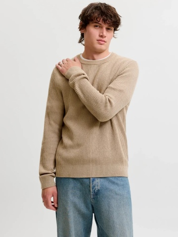 Jack & Jones Pulover tricotat barbati, decolteu la baza gatului, Regular Fit, JJPANNEL, Bej