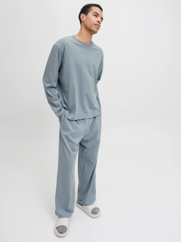 Jack & Jones Set pijamale barbati din bumbac, format din tricou cu maneca lunga si pantaloni lungi, Gri albastrui - Img 5