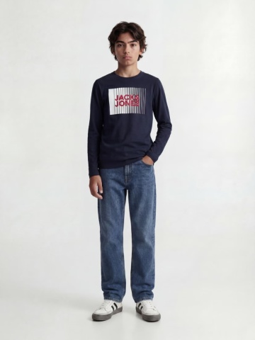 Jack & Jones Tricou baieti la baza gatului, cu maneca lunga, din bumbac organic, Regular fit, Bleumarin inchis - Img 6