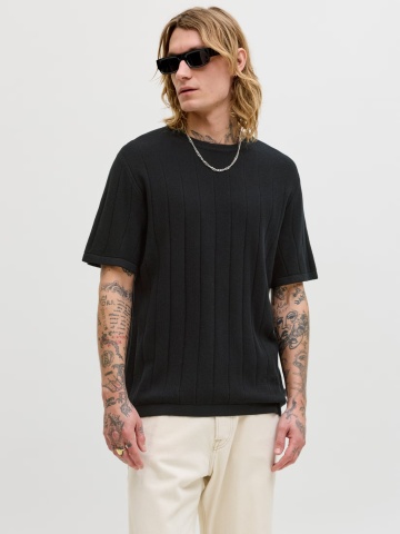Jack & Jones Tricou barbati la baza gatuilui, din bumbac organic, Relaxed Fit, JJEBRADLEY, Negru