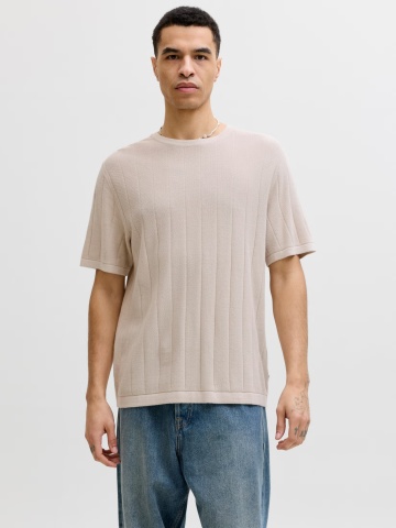 Jack & Jones Tricou barbati la baza gatuilui, din bumbac organic, Relaxed Fit, JJEBRADLEY, Crem