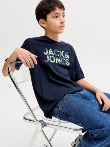 Jack & Jones Tricou cu decolteu la baza gatului, baieti, imprimeu cu logo, Regular fit, Bleumarin inchis - Img 3