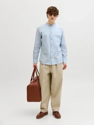 Jack & Jones Camasa cu maneca lunga barbati si guler tunica din amestec de in, Albastru deschis - Img 6
