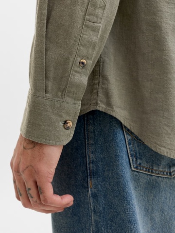 Jack & Jones Camasa cu maneca lunga barbati si guler tunica din amestec de in, Olive - Img 5
