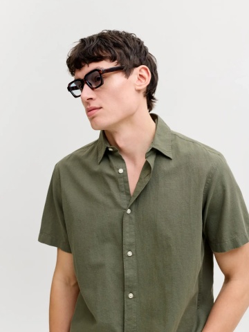 Jack & Jones Camasa cu maneca scurta barbati, din amestec de in, Regular fit, Olive - Img 4