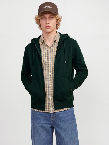 Jack & Jones Hanorac barbati, cu fermoar si gluga, Regular fit, JJEBRADLEY, Verde inchis