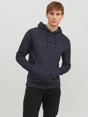 Jack & Jones Hanorac barbati, cu gluga fara fermoar, Relaxed Fit, JJESTAR, Bleumarin inchis