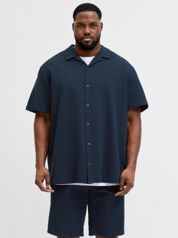Jack & Jones Plus Camasa Waffle, barbati big sizes, din bumbac, Resort Shirt, Bleumarin inchis