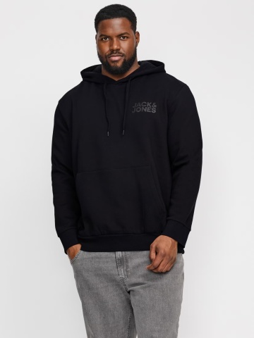 Jack & Jones Plus Hanorac fara fermoar, barbati big sizes, cu logo, Negru