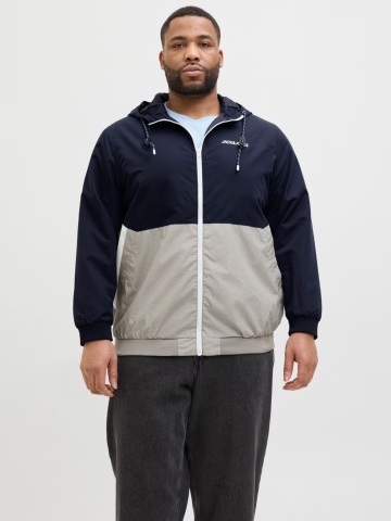 Jack & Jones Plus Jacheta bomber cu gluga, barbati big sizes, JJERUSH, Bleumarin inchis/Gri