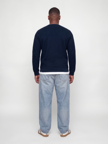 Jack & Jones Plus Pulover barbati din bumbac organic, decolteu la baza gatului, Regular Fit, JPRBLUALVES, Bleumarin inchis - Img 4