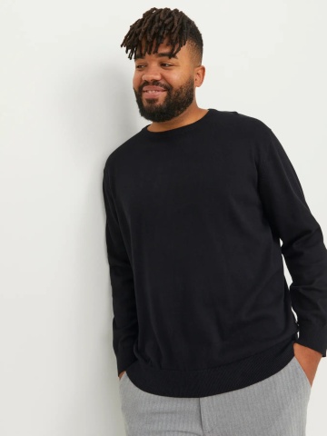 Jack & Jones Plus Pulover tricotat barbati big sizes, din bumbac organic, cu decolteu la baza gatului, Regular Fit, JJEBASIC, Negru - Img 3