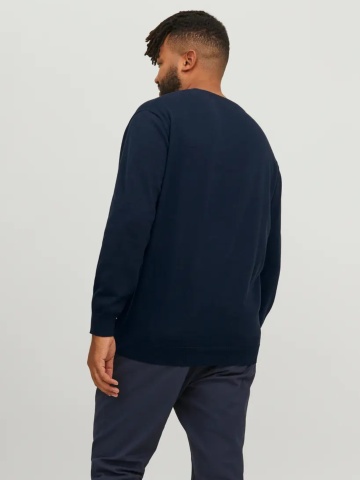 Jack & Jones Plus Pulover tricotat barbati big sizes, din bumbac organic, cu decolteu la baza gatului, Regular Fit, JJEBASIC, Bleumarin inchis - Img 2