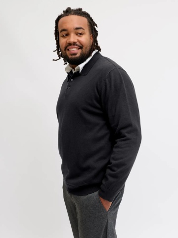Jack & Jones Plus Pulover tricotat barbati big sizes, din bumbac organic, guler polo, JJEBASIC, Regular Fit, Negru - Img 3
