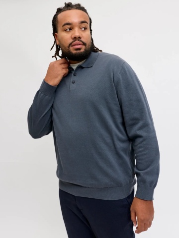 Jack & Jones Plus Pulover tricotat barbati big sizes, din bumbac organic, guler polo, JJEBASIC, Regular Fit, Gri albastrui - Img 3