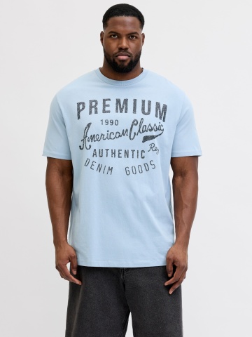 Jack & Jones Plus Tricou barbati big sizes, cu decolteu la baza gatului si imprimeu cu text, Albastru deschis