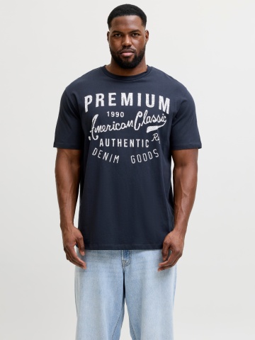 Jack & Jones Plus Tricou barbati big sizes, cu decolteu la baza gatului si imprimeu cu text, Bleumarin inchis